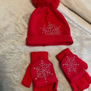 Kids Red Snowflake Knit Hat and Gloves Set